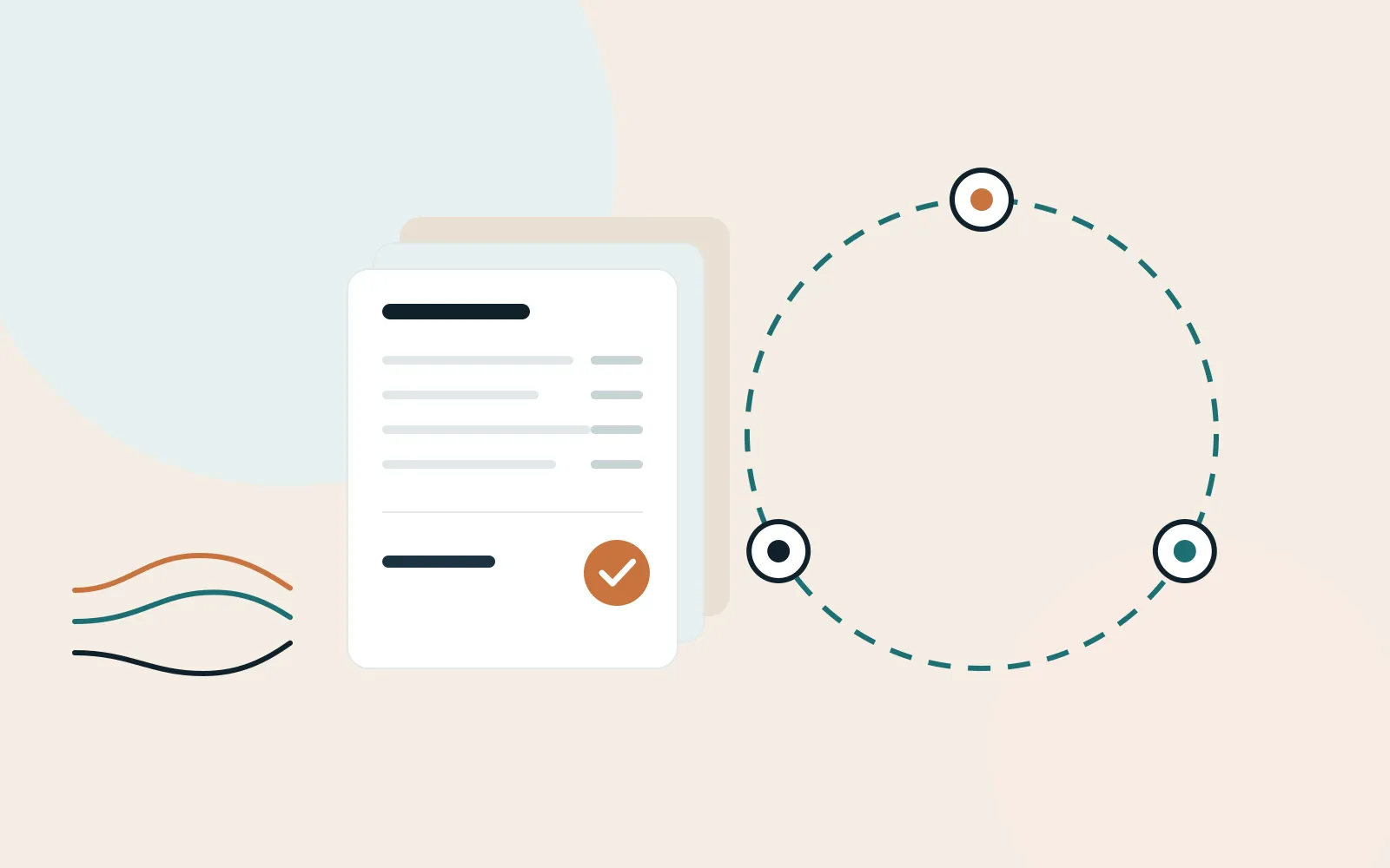 Illustration of a stack of approved invoices beside a repeating three-step process loop