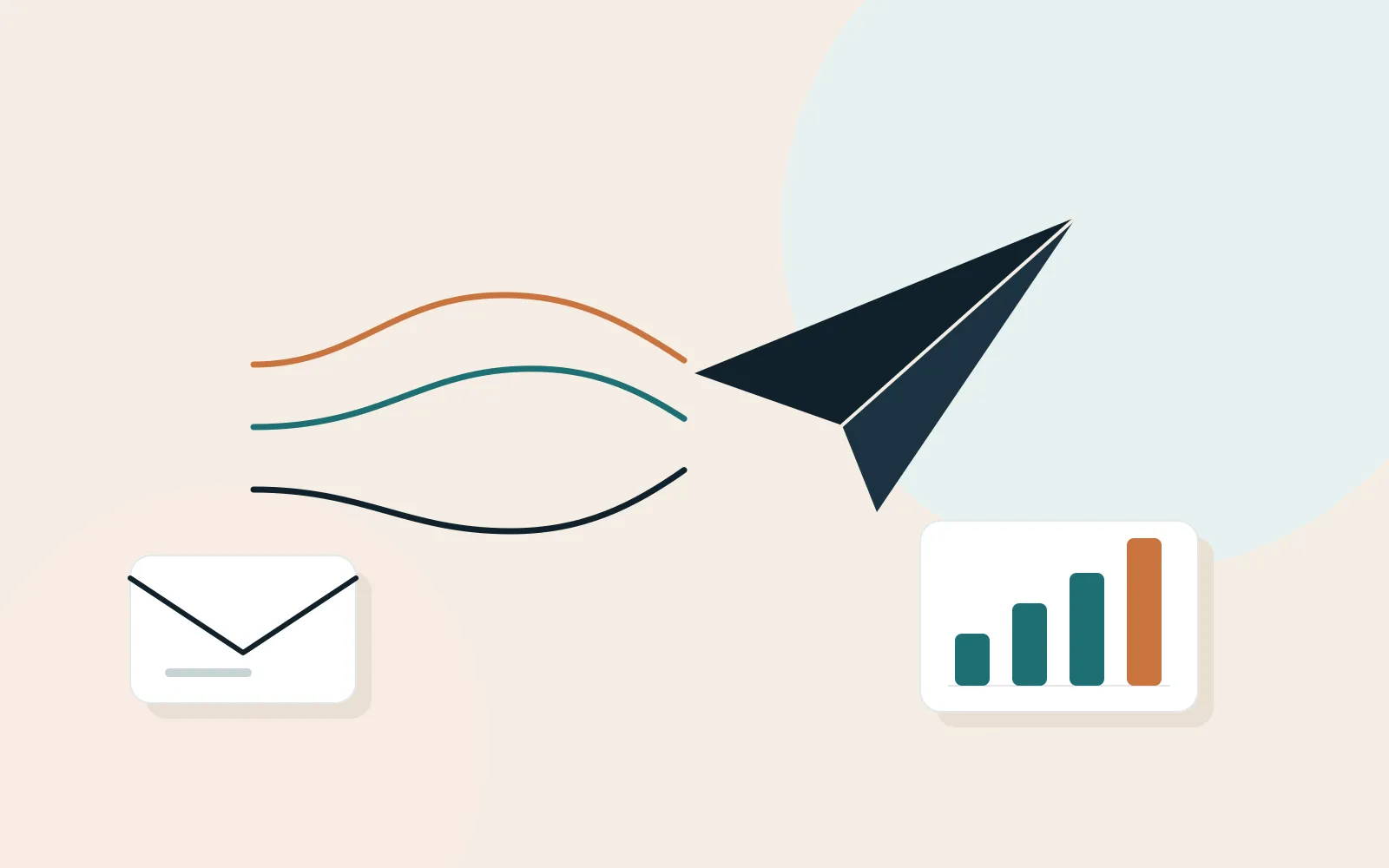 Illustration of a paper plane trailing three flowing lines, with a newsletter and a rising chart