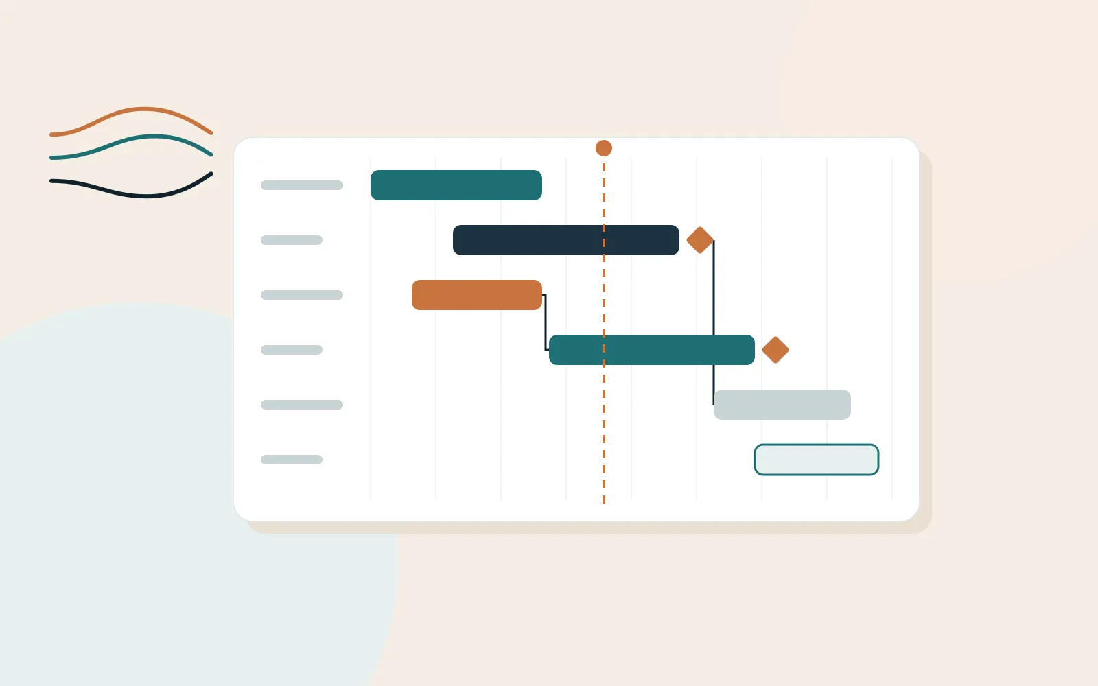 Illustration of a project schedule board with task bars, milestones and a today marker